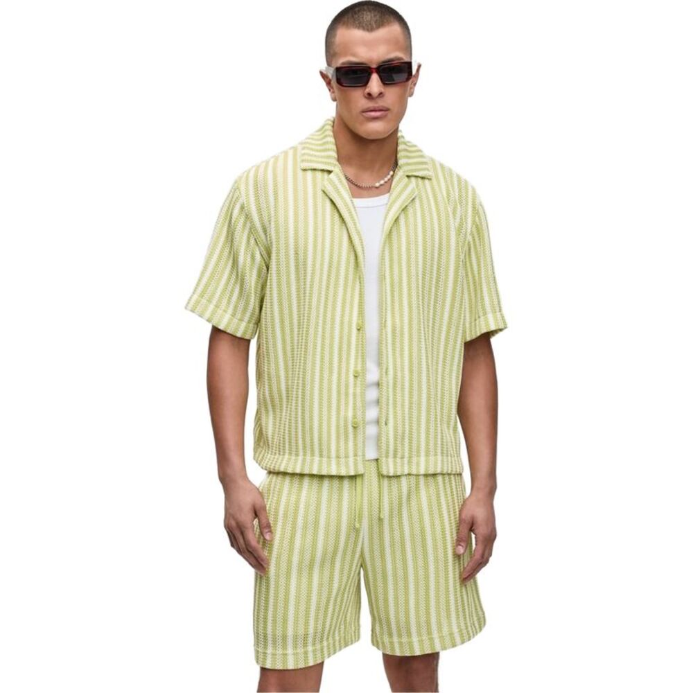 Mode Of One Mens Vertical-Stripe Camp Collar Button Up Shirt, NWT